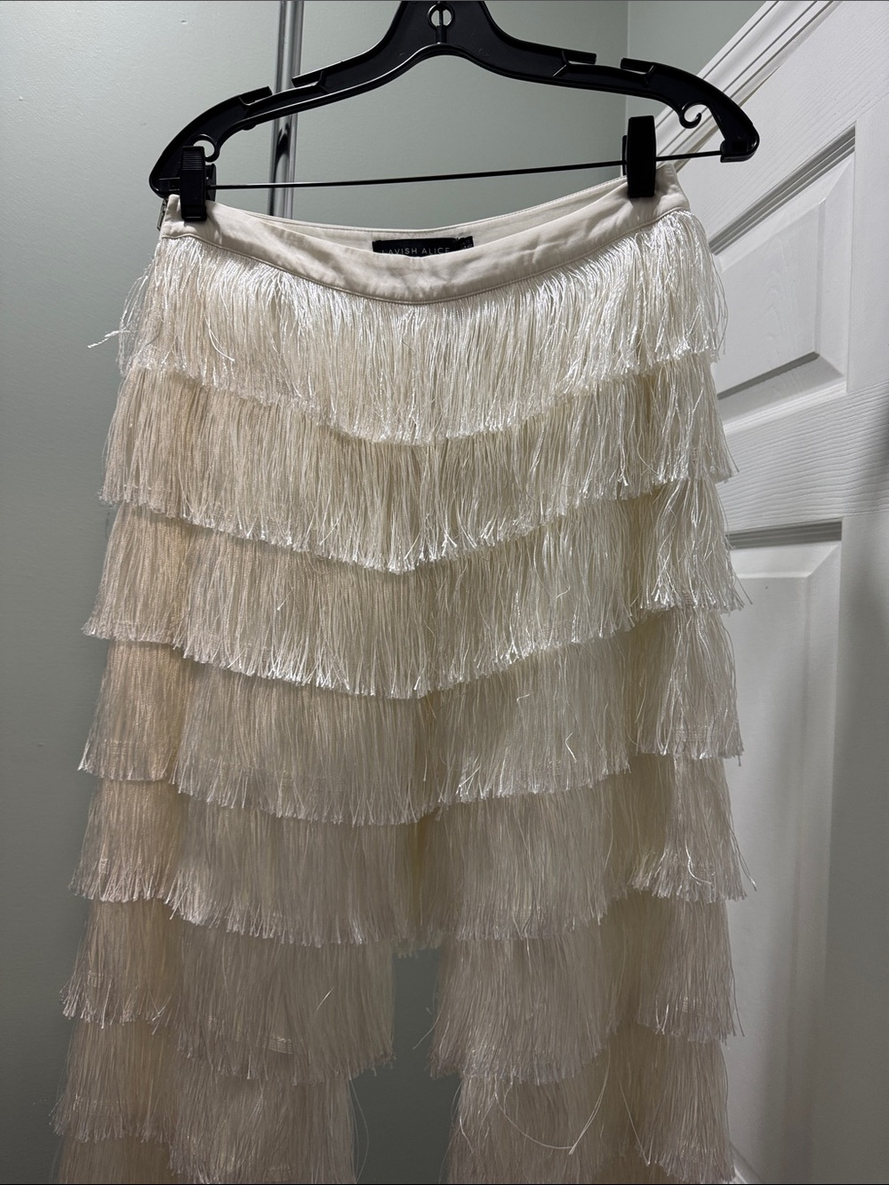 Lavish Alice Ivory Tiered Fringe Mini Skirt